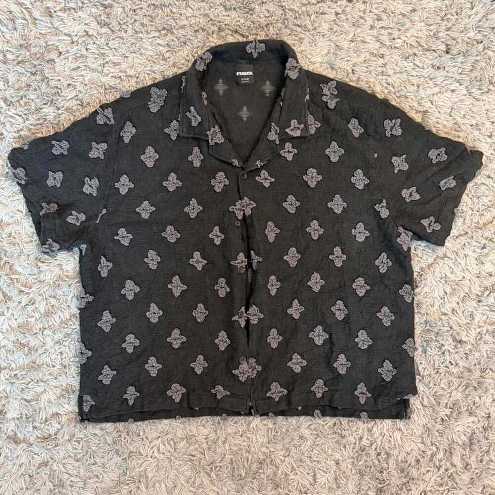 RSQ Black Floral 3D Textured Cropped Button Up Shirt